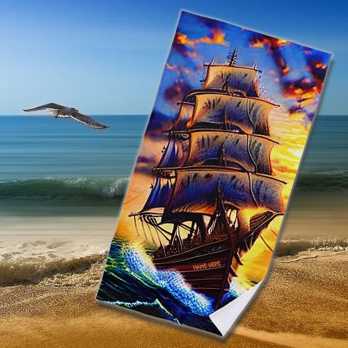 Add Name Brown Pirate Sailing Ship in Waves Beach Towel