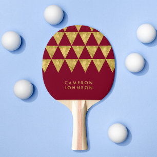 Add Name Burgundy and Faux Gold Triangle Pattern Ping Pong Paddle
