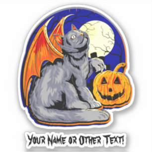 Add Name Cat Wings Pumpkin Moon Halloween Sticker