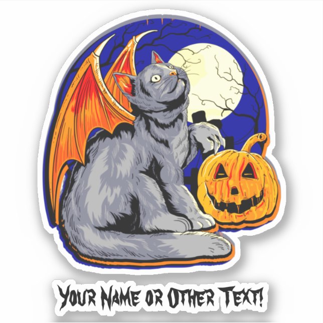 Add Name Cat Wings Pumpkin Moon Halloween  Sticker (Front)