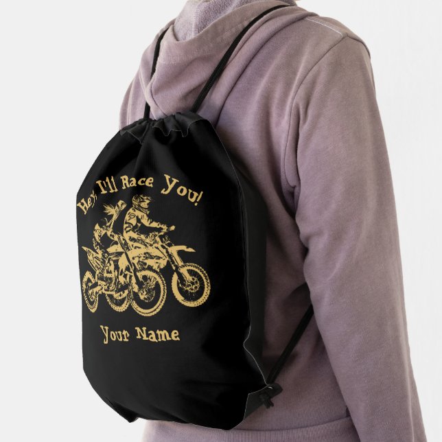 Add Name Change ALL Text Hey, I'll Race You        Drawstring Bag (Insitu)