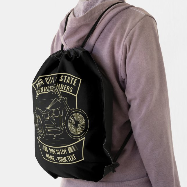 Add Name Change ALL Text Motorcycle Riders Details Drawstring Bag (Insitu)