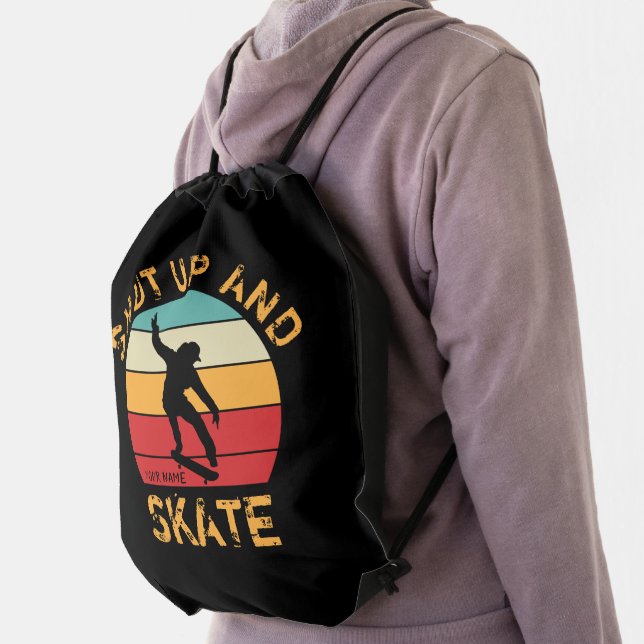 Add Name Change ALL Text Shut Up and Skate Sunset  Drawstring Bag (Insitu)