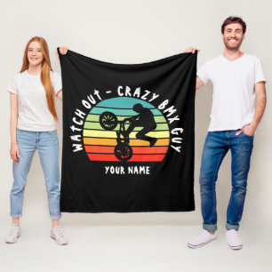 Add Name Change ALL Text Watch Out Crazy BMX Guy Fleece Blanket
