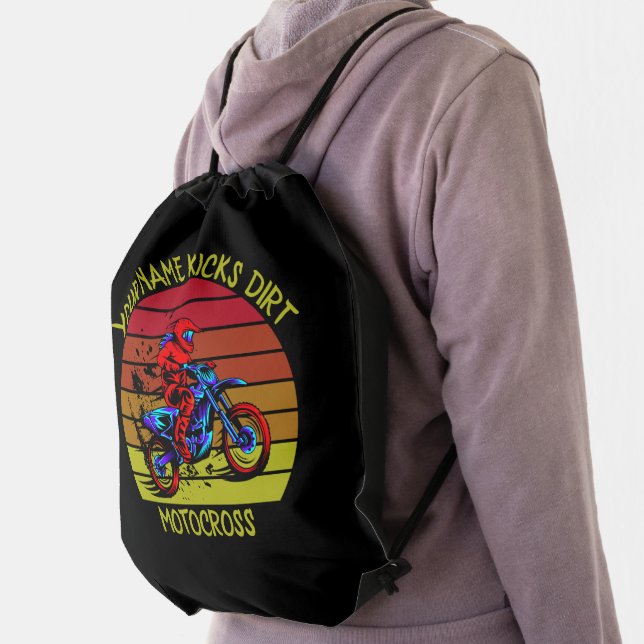 Add Name, Change ANY Text, Kicks Dirt Motocross Drawstring Bag (Insitu)