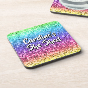 Add Name Change Any Text She Shed Sparkle Rainbow  Beverage Coaster