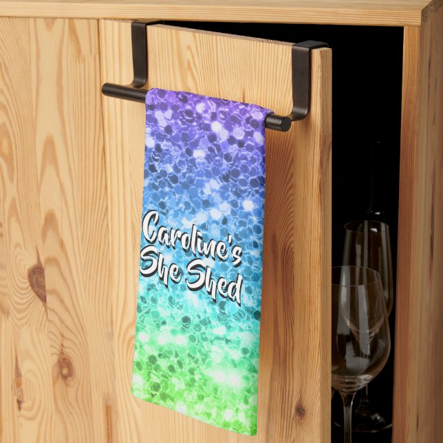 Add Name Change Any Text She Shed Sparkle Rainbow  Kitchen Towel (Thirds Fold)