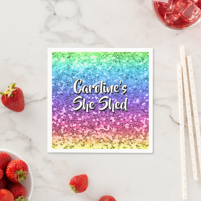 Add Name Change Any Text She Shed Sparkle Rainbow  Napkins (Insitu)