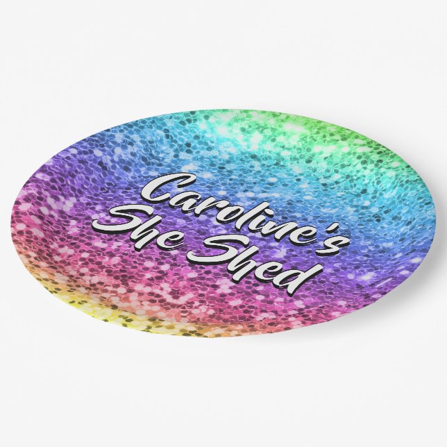 Add Name Change Any Text She Shed Sparkle Rainbow  Paper Plates (Angled)
