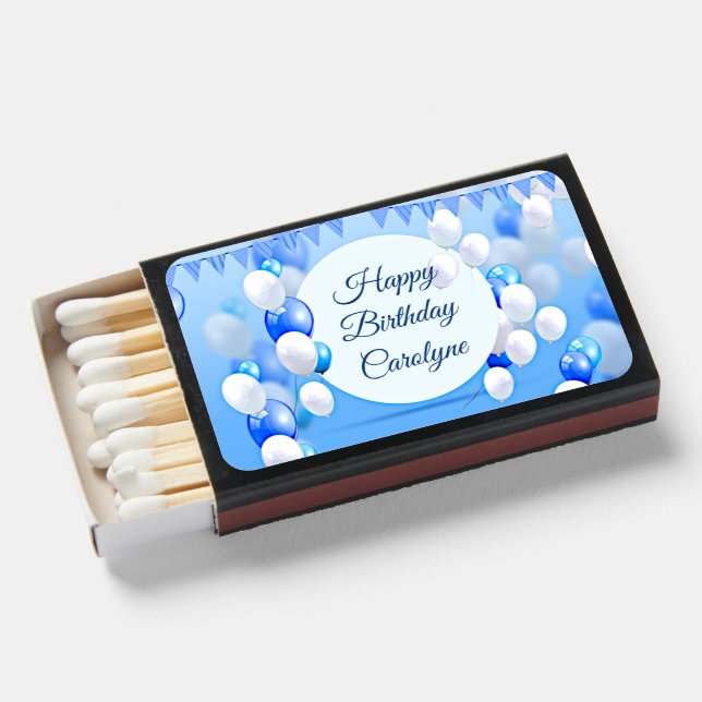 Add Name Change Text Blue Balloons  Matchboxes (Front Open)