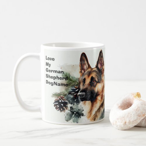 Add Name Change Text German Shepherd in Snow 3 Coffee Mug