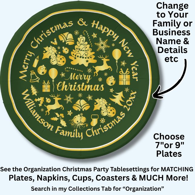 Add Name Change Text Gold  Green Christmas 20xx 7" Paper Plates (Creator Uploaded)
