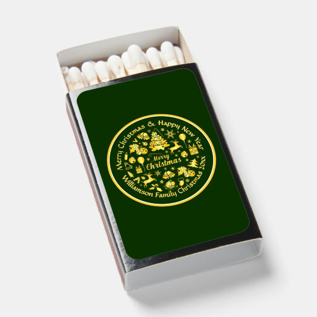 Add Name Change Text Gold  Green Christmas 20xx Matchboxes (Front Open)