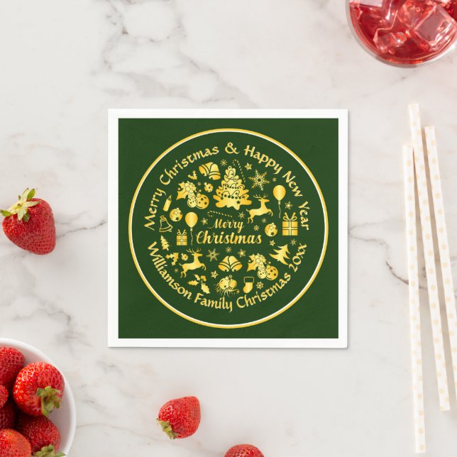 Add Name Change Text Gold  Green Christmas 20xx  Napkins (Insitu)