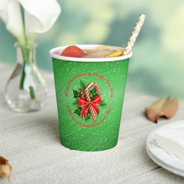 Add Name Change Text Red Green Christmas 20xx Paper Cups (Insitu)