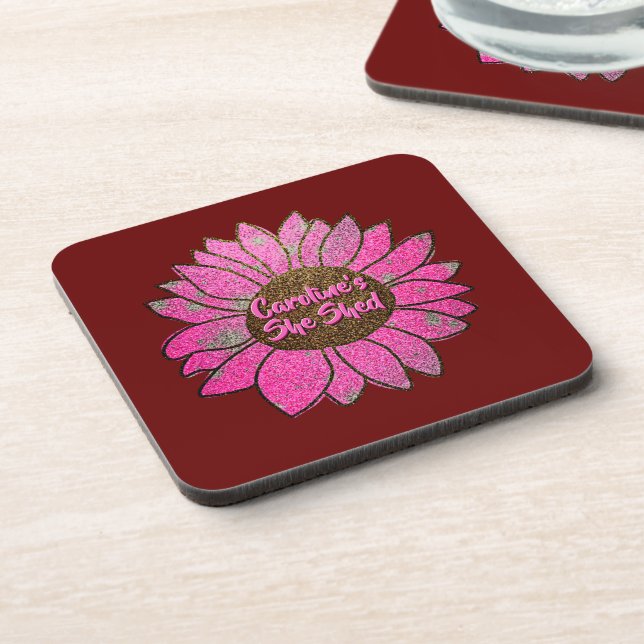 Add Name  Change Text She Shed Pink Sunflower      Beverage Coaster (Left Side)