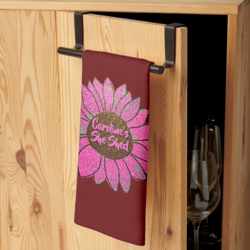 Add Name Change Text She Shed Pink Sunflower       Kitchen Towel