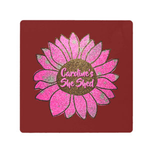 Add Name Change Text She Shed Pink Sunflower       Metal Print