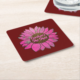 Add Name  Change Text She Shed Pink Sunflower      Square Paper Coaster