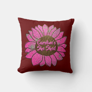 Add Name Change Text She Shed Pink Sunflower Throw Pillow