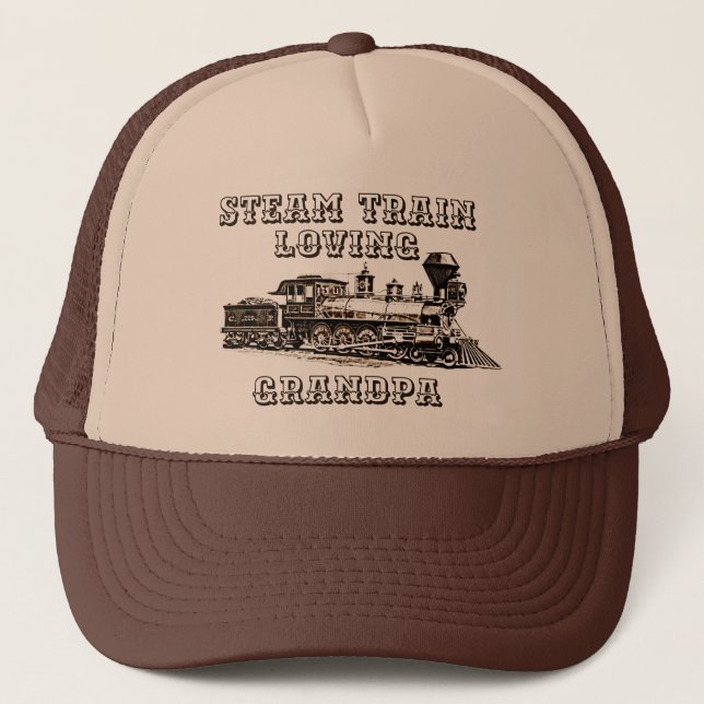 Add Name Change Text Steam Train Loving Grandpa  Trucker Hat (Front)