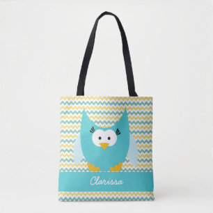Add Name Chevron Stripe With Owl Tote Bag