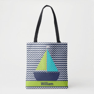 Add Name Chevron Stripe With Sailboat Tote Bag