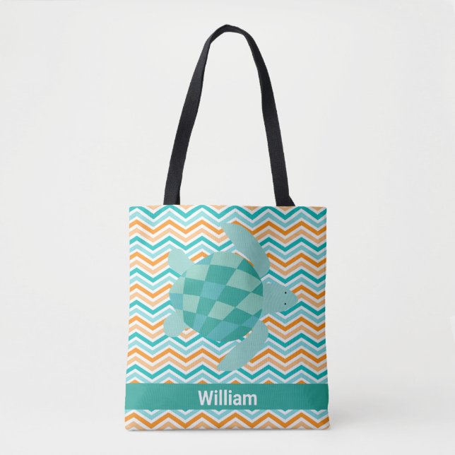 Add Name Chevron Stripe With Sea Turtle Tote Bag (Front)
