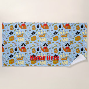 Add Name - Child's Pirate Symbols Icons on Blue  Beach Towel