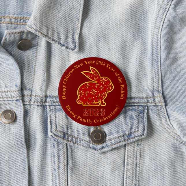 Add Name Chinese New Year 2023 Rabbit Gold Red 3" Button (In Situ)