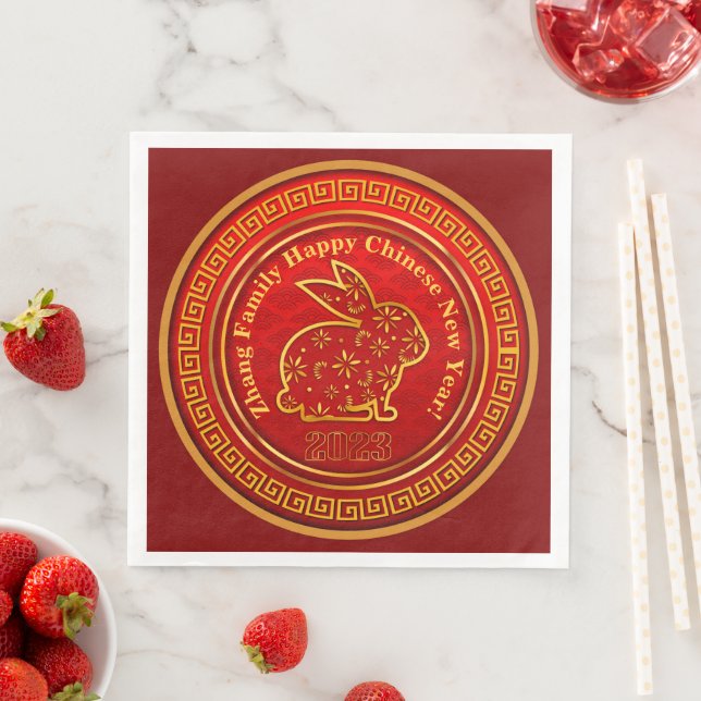 Add Name Chinese New Year 2023 Rabbit Red Gold Paper Dinner Napkins (Insitu)