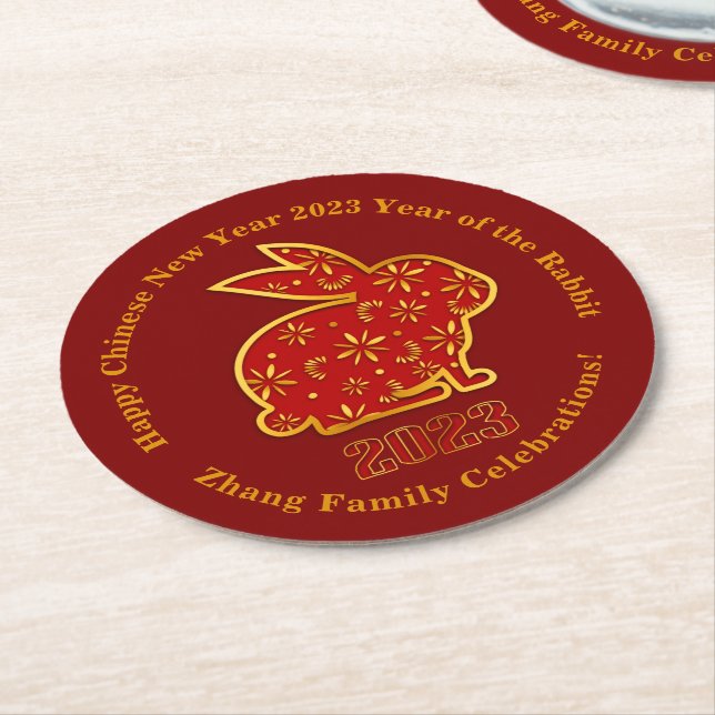 Add Name Chinese New Year 2023 Rabbit Red Gold  Round Paper Coaster (Angled)
