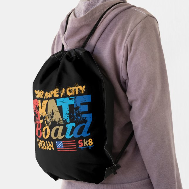 Add Name City Text Skateboard Urban SK8 Distressed Drawstring Bag (Insitu)