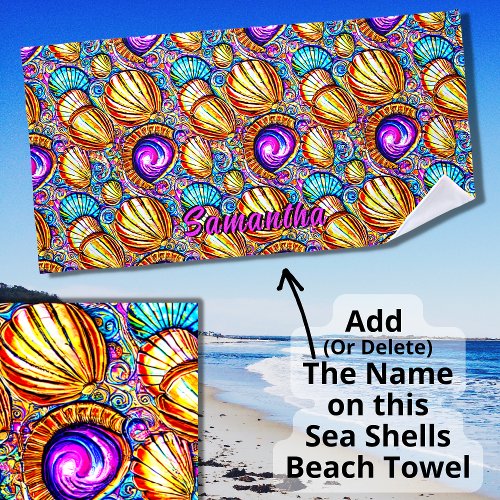 Add Name Collection of Abstract Sea Shells Blue  Beach Towel
