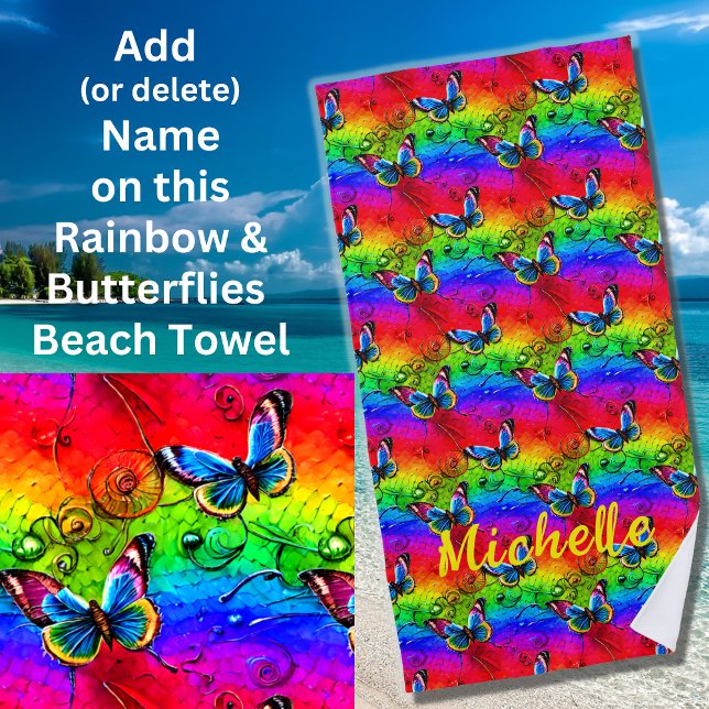Add Name, Color Butterflies on Rainbow  Beach Towel (Creator Uploaded)