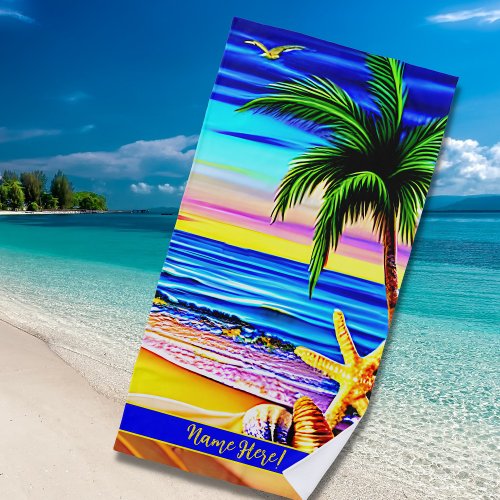 Add Name Colorful Beach Waves Palm Tree  Starfish Beach Towel