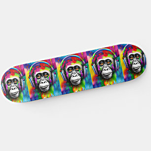 Add Name, Colorful Monkey with Headphones Skateboard