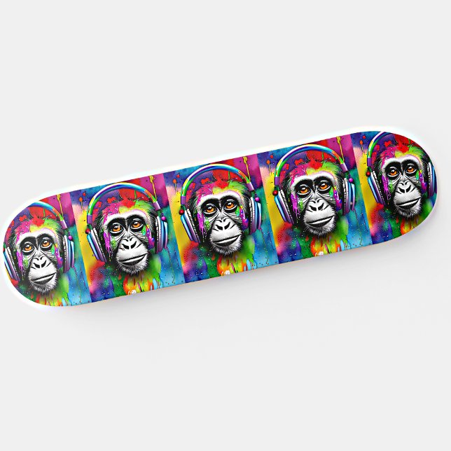 Add Name, Colorful Monkey with Headphones Skateboard (Creator Uploaded)
