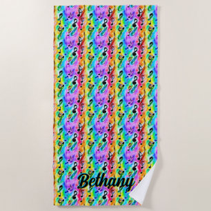 Add Name, Colorful Music Notes Abstract Beach Towel