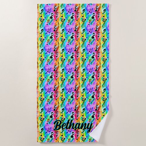 Add Name Colorful Music Notes Abstract  Beach Towel
