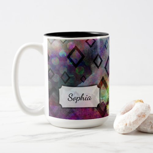 Add Name Colorful Watercolor Abstract w Diamonds Two_Tone Coffee Mug