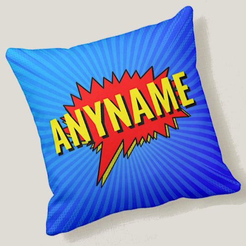 Add Name Comic Book Style Text Blue Red Yellow  Throw Pillow