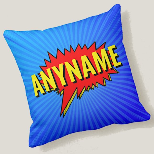 Add Name Comic Book Style Text Blue Red Yellow  Throw Pillow (Creator Uploaded)