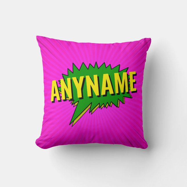 Add Name Comic Book Style Text Pink Green Yellow  Throw Pillow (Front)