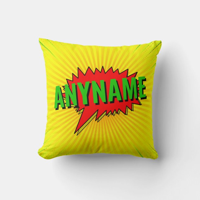 Add Name Comic Book Style Text Yellow Red Green Throw Pillow (Front)