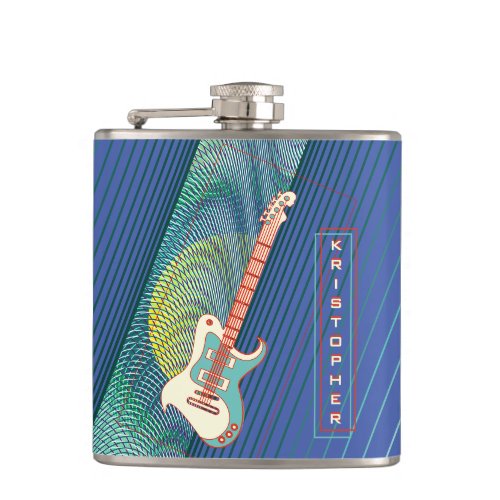   Add Name Cool Modern Teal  Blue Electric Guitar Flask