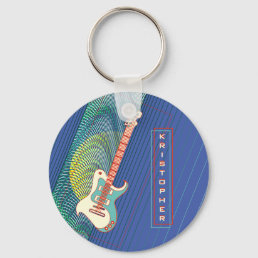   Add Name Cool Modern Teal &amp; Blue Electric Guitar Keychain