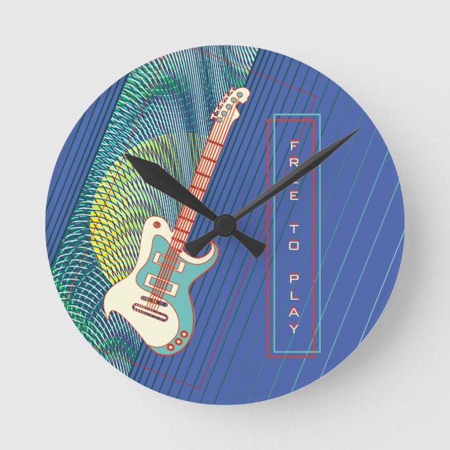   Add Name Cool Modern Teal & Blue Electric Guitar Round Clock (Front)