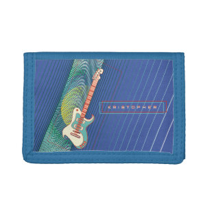 Add Name Cool Modern Teal & Blue Electric Guitar Tri-fold Wallet
