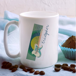 Add Name Cool Modern White & Teal Electric Guitar Coffee Mug